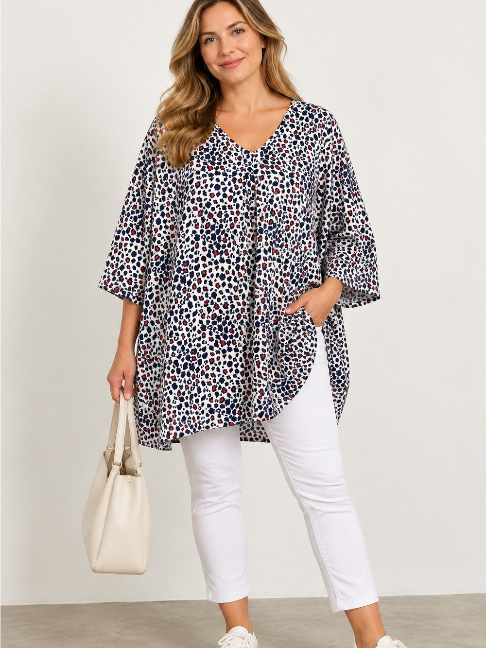 Ulla Popken Leopard Print Cotton Oversized Tunic Top Plus Size 32/34